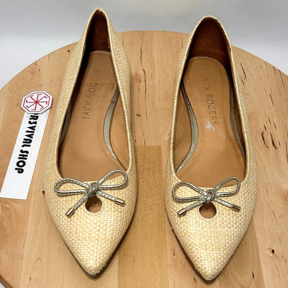 Jack Rogers Woven Raffia Pointed Toe Ballet Flats Beige Metallic Bow - Size 8.5M - Picture 3 of 12